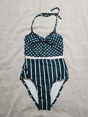 Modcloth Green White Vintage Style Halter Swim Suit Bathing Suit Pinup